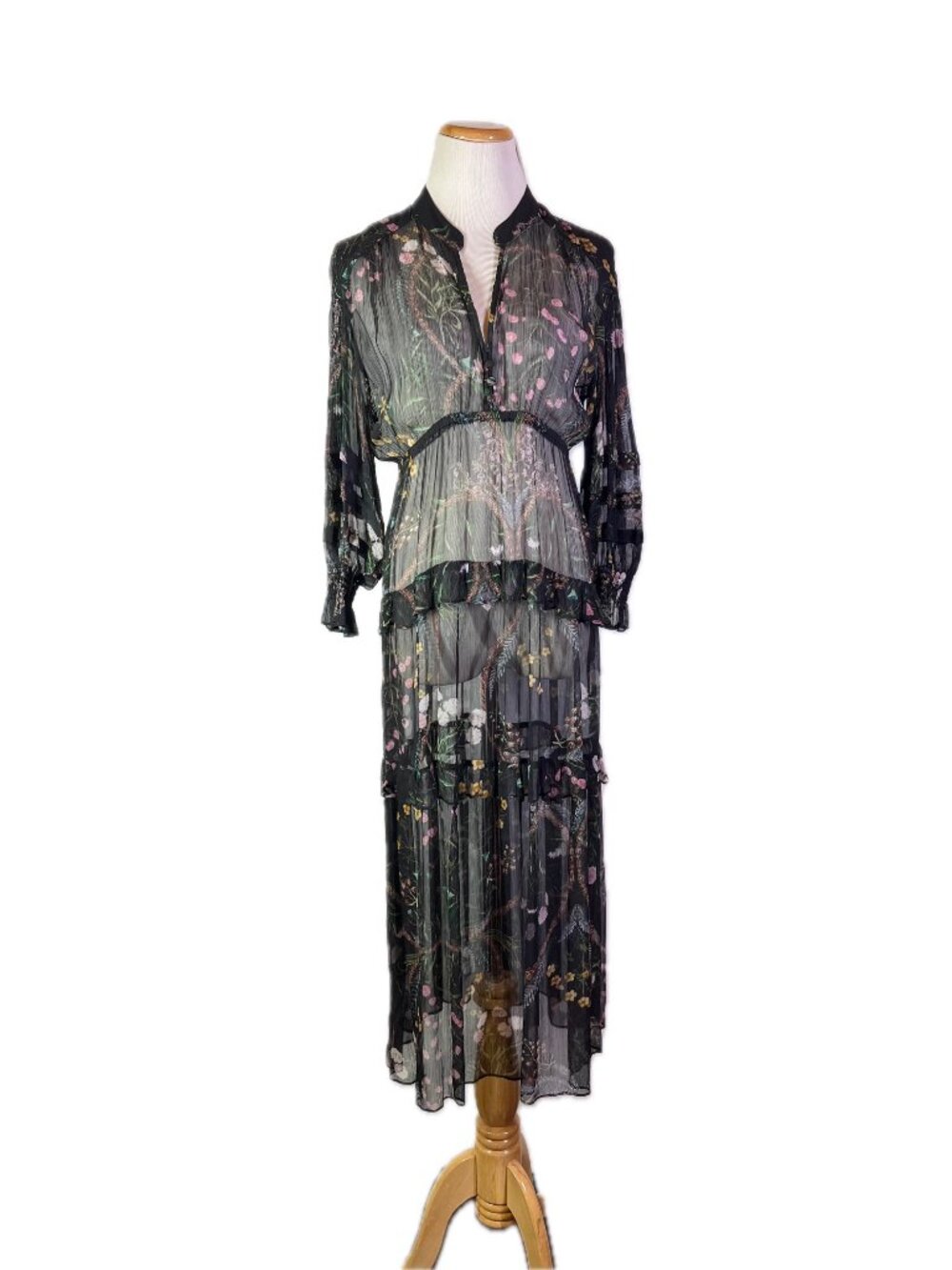 ba&sh Size XS GiGi Midi Dress Sheer Floral Crinkled Tiered Chiffon